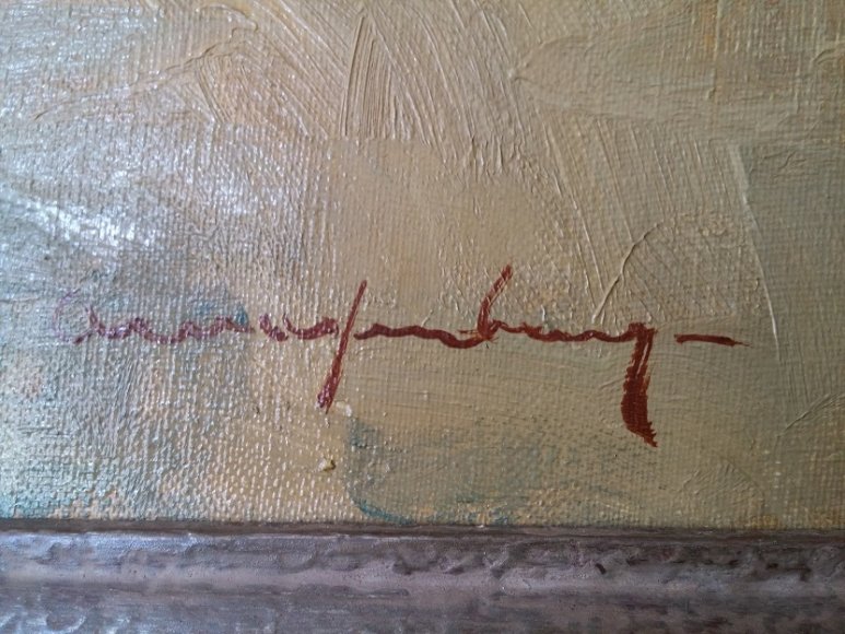 Wie herkent de handtekening van schilderij stilleven met chrysanten